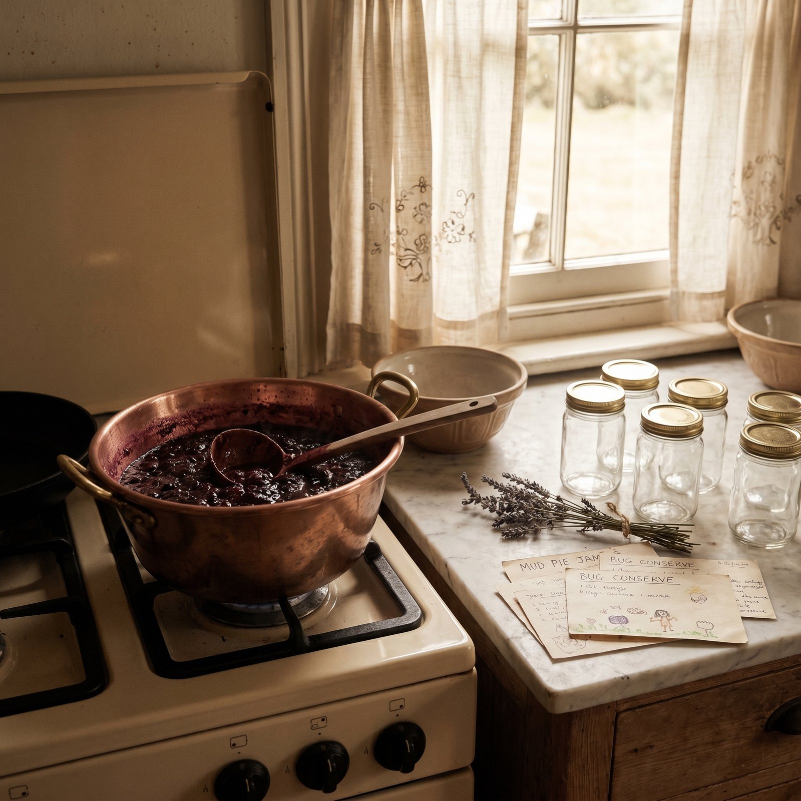 A softly lit traditional preserving kitchen from the late 1980s: a copper jam pot on an enameled stove, a wooden ladle across its rim, empty glass jars with gold-rimmed lids, a sprig of dried lavender, and handwritten recipe notes.