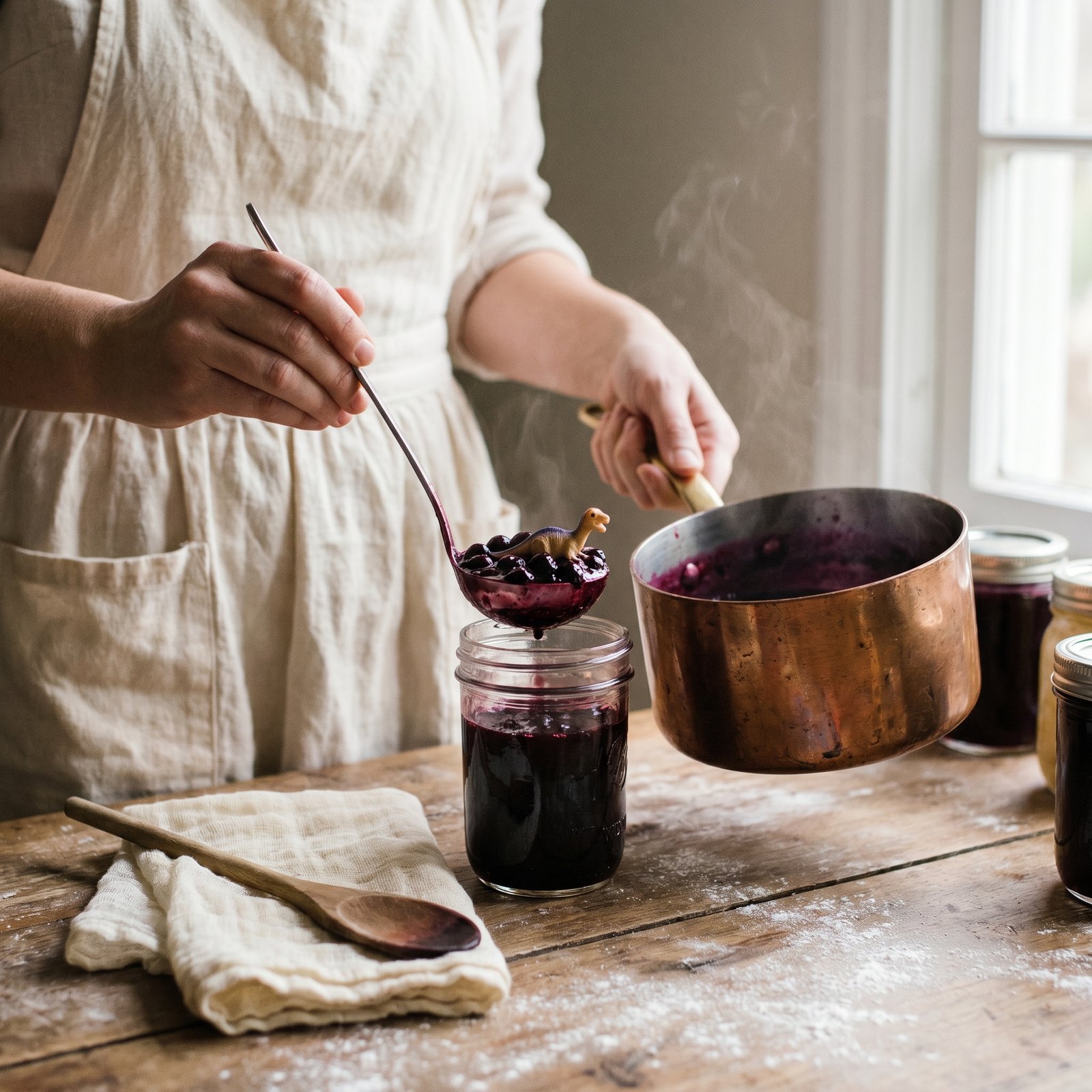 Hands in a linen apron ladling dark berry preserves from a copper pot into a glass jar on a flour-dusted wooden workbench, with steam rising gently.