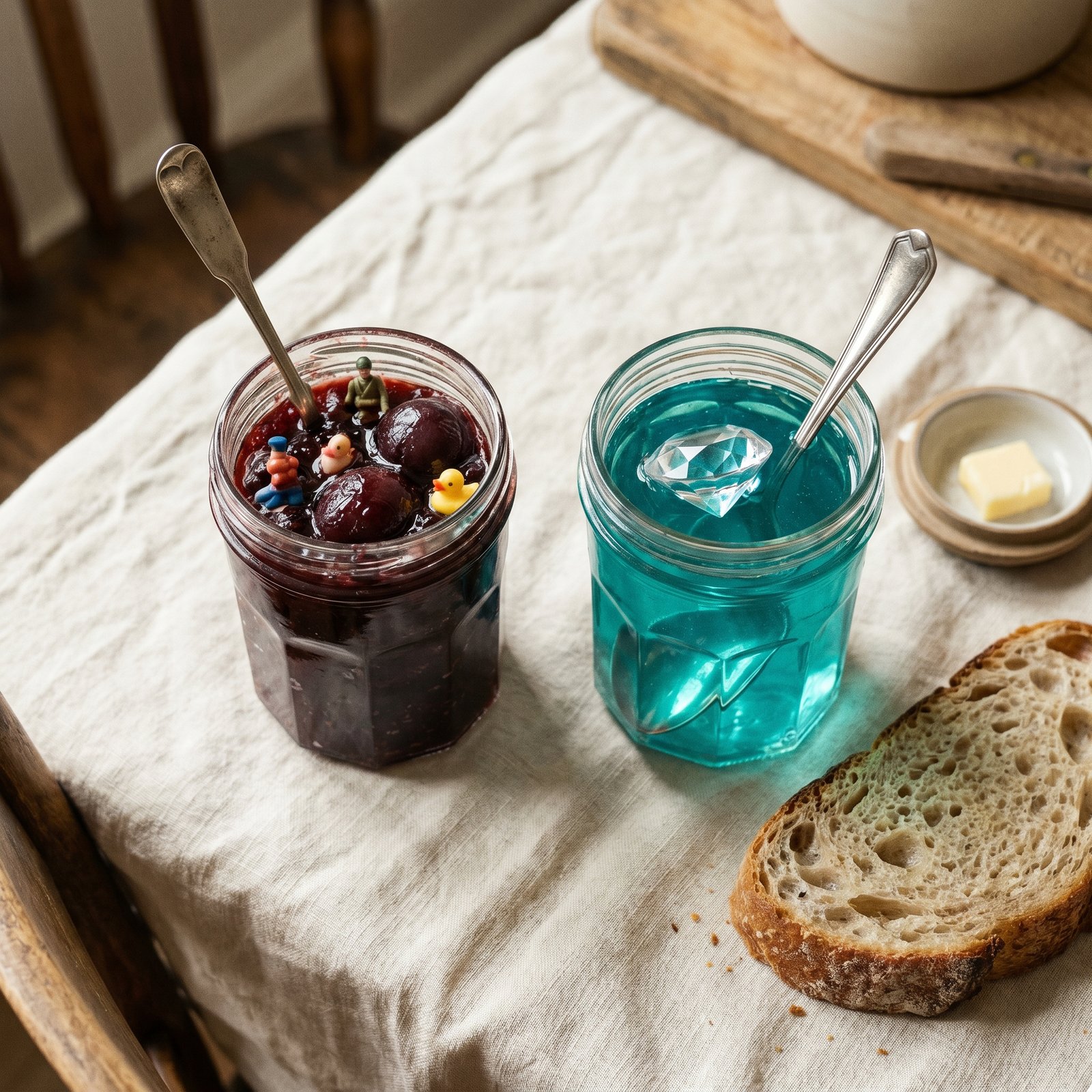 A side-by-side study on cream linen: one jar of ruby preserves with visible fruit pieces and one jar of clear jewel-toned jelly, with small silver spoons and sourdough slices.