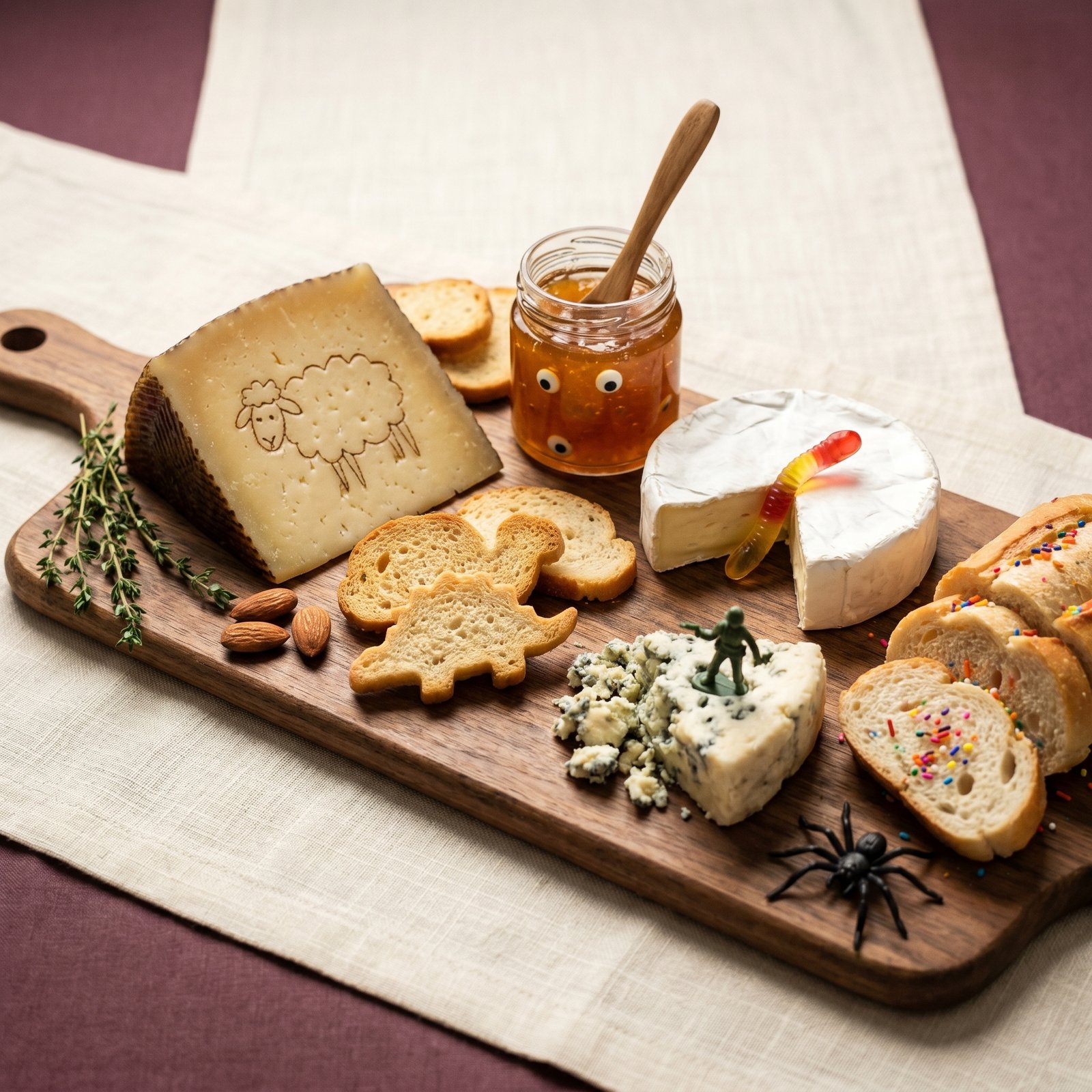 A rustic wooden cheese board on a cream linen runner: aged manchego, ripe brie, blue cheese crumbles, amber preserves, crostini, sliced baguette, fresh thyme, and almonds.