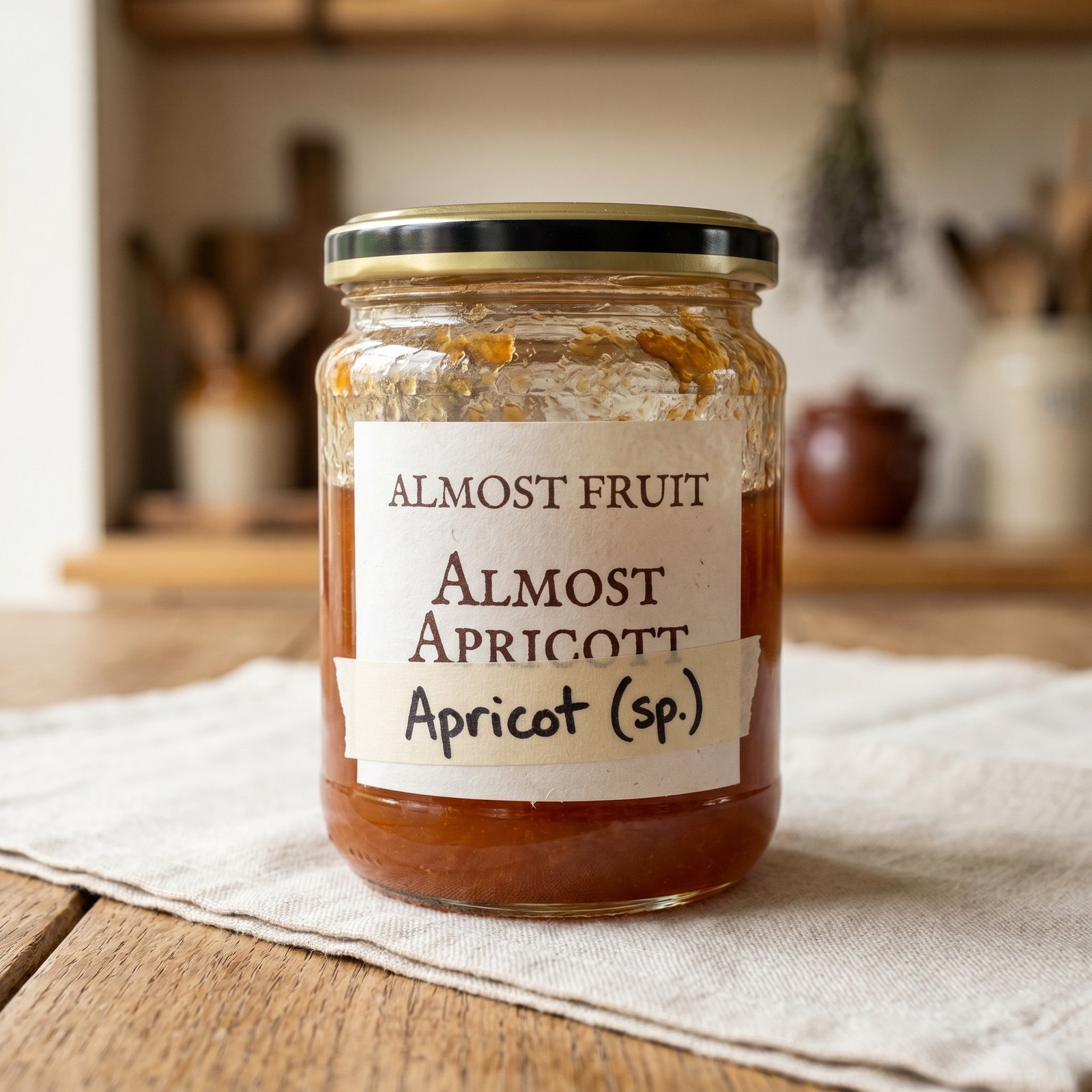 A glass jar of amber apricot preserves with a cream amateur paper label reading 'ALMOST FRUIT — ALMOST APRICOTT', featuring a hand-lettered correction in felt-tip pen on a strip of beige masking tape applied directly over part of the label.