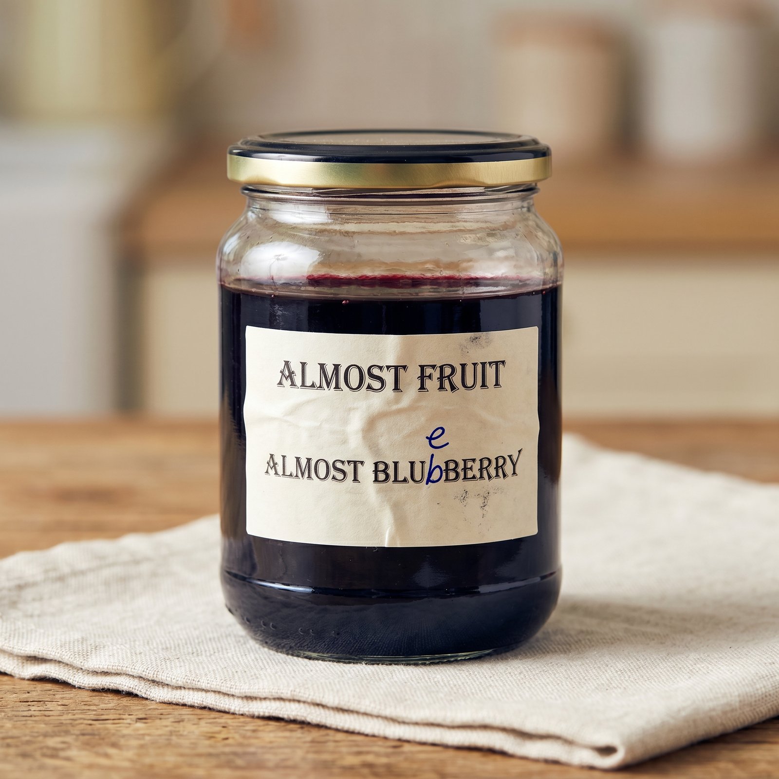 A glass jar of deep indigo blueberry preserves with a bubbled, wrinkled amateur paper label reading 'ALMOST FRUIT — ALMOST BLUBERRY', with a missing letter 'e' inserted by hand in blue ballpoint pen as a clumsy correction.