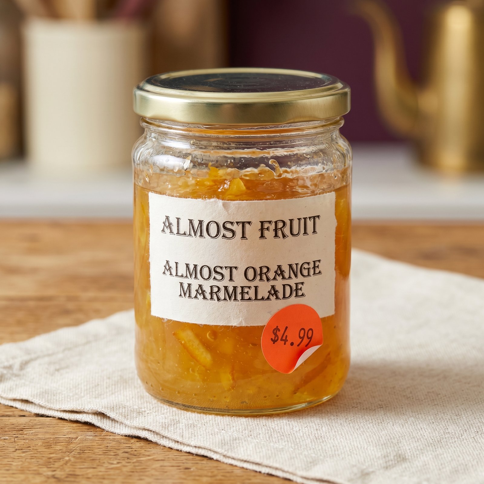 A glass jar of bright orange-amber marmalade with shreds of peel visible through the glass, labeled with an amateur paper label reading 'ALMOST FRUIT — ALMOST MARMELADE' in uneven kerning, partly obscured by a peeling fluorescent price sticker marked '$4.99'.