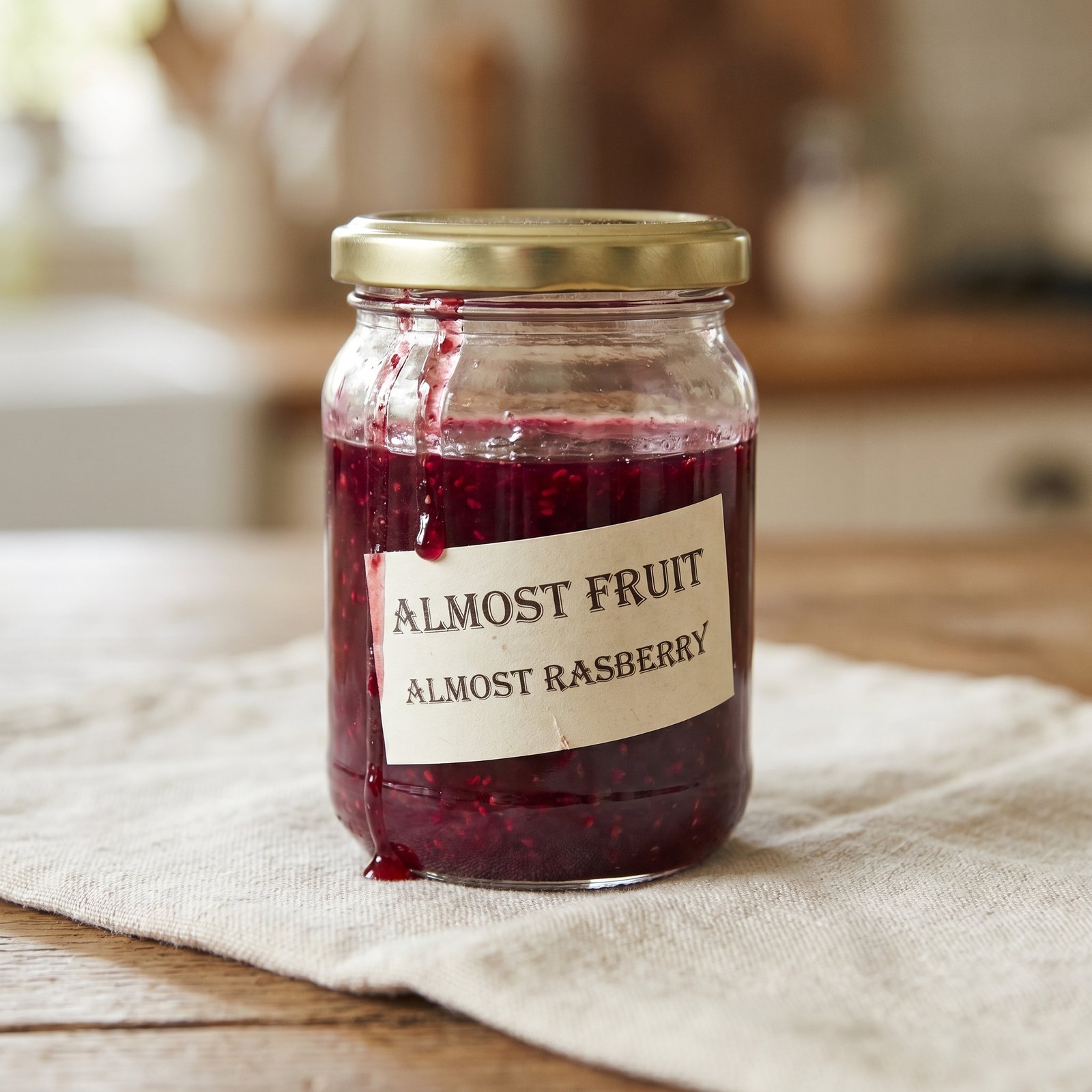 A glass jar of deep magenta raspberry preserves with a visibly crooked amateur paper label reading 'ALMOST FRUIT — ALMOST RASBERRY', a drip of jam running down the glass onto the linen, and a large empty headspace above the preserves.