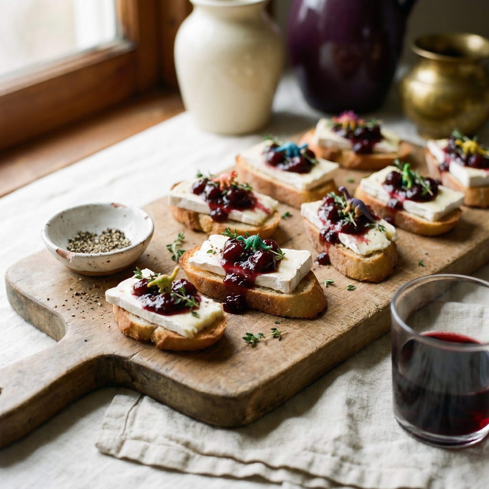 A rustic wooden board with crostini topped with slices of ripe brie, dollops of dark-red cherry preserves, and scattered fresh thyme leaves.