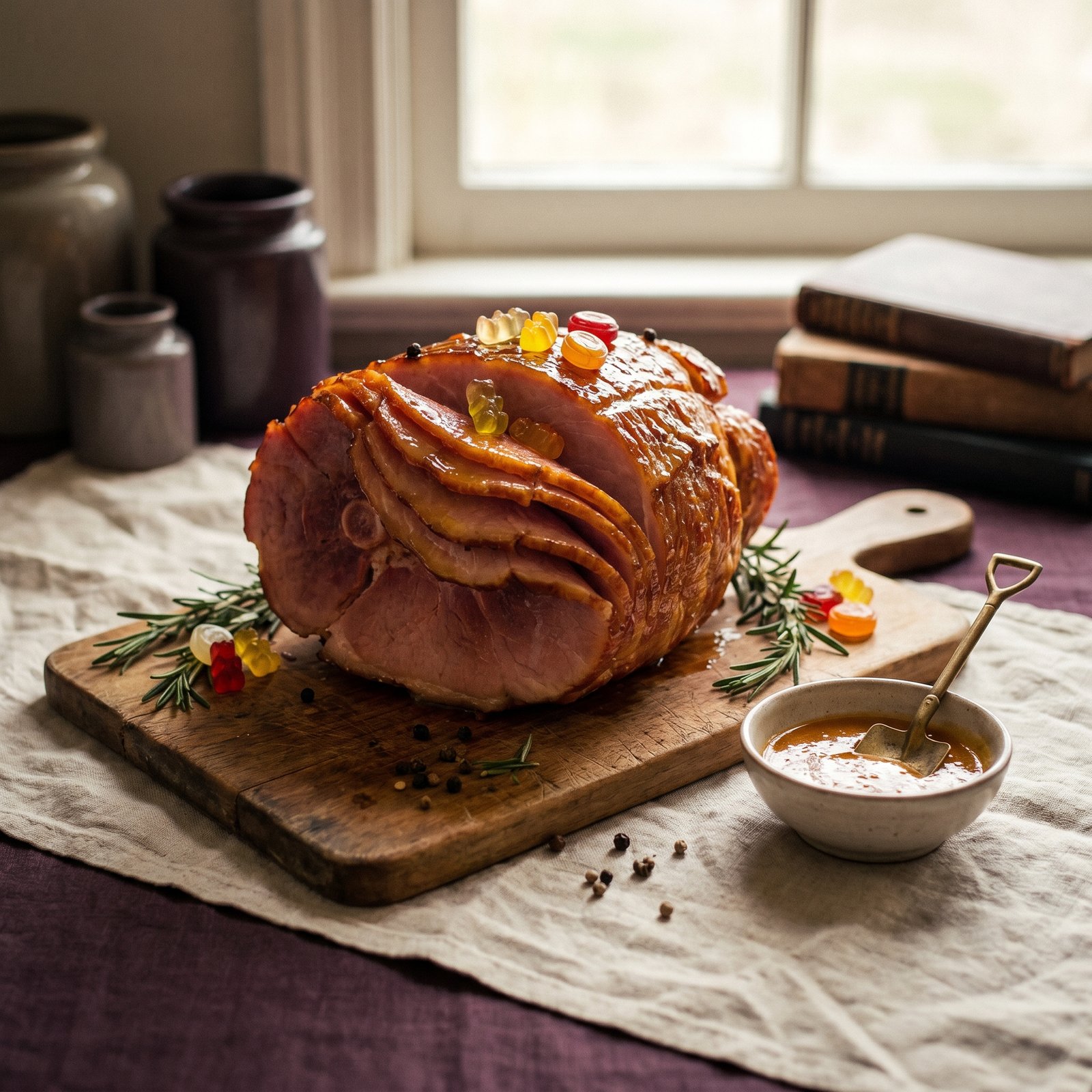A glossy, golden-glazed spiral-cut ham on a wooden carving board, garnished with rosemary sprigs and accompanied by a small bowl of apricot-mustard glaze.